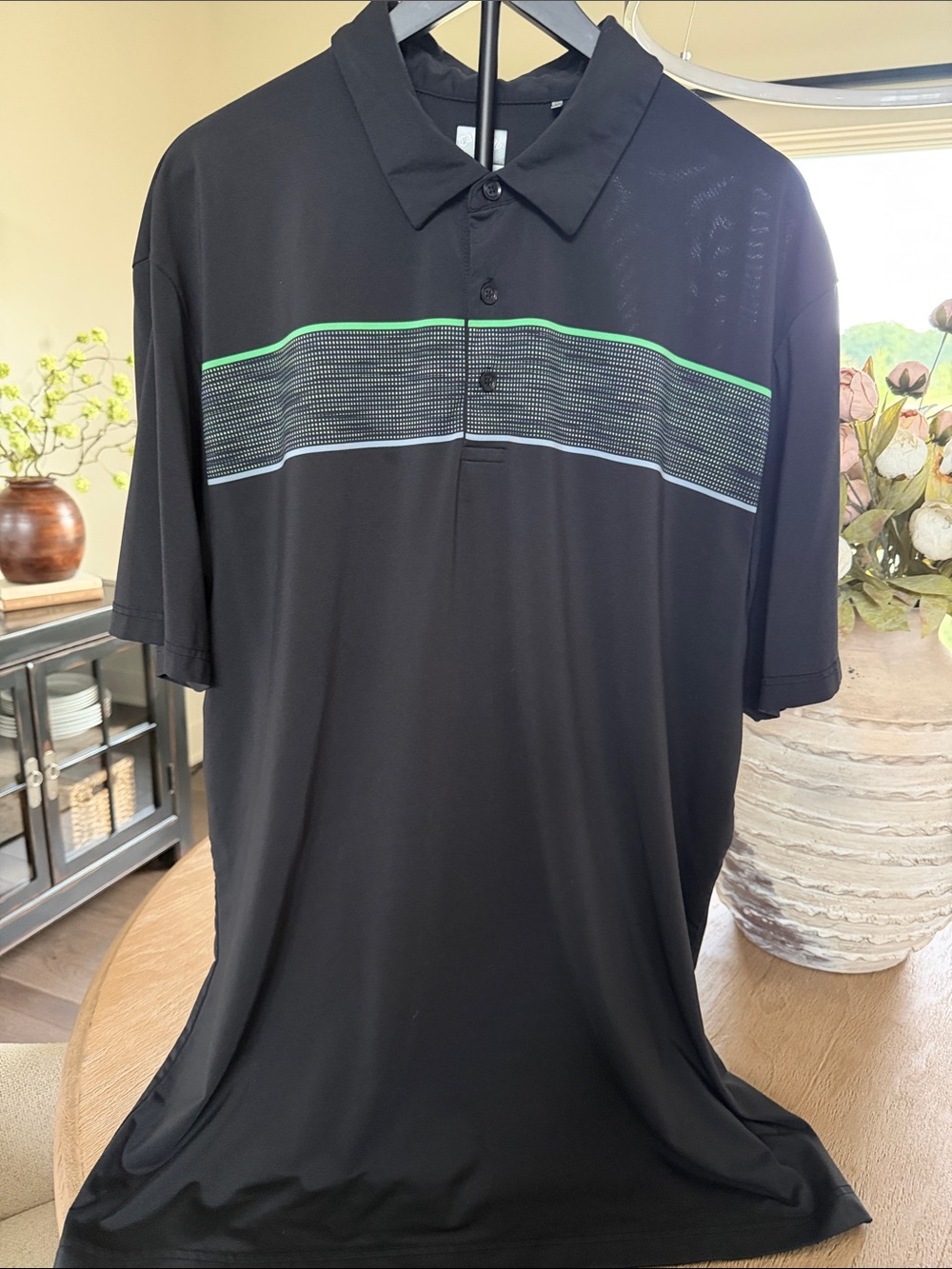 Callaway Black Polo with Green and Light Blue Stripes
